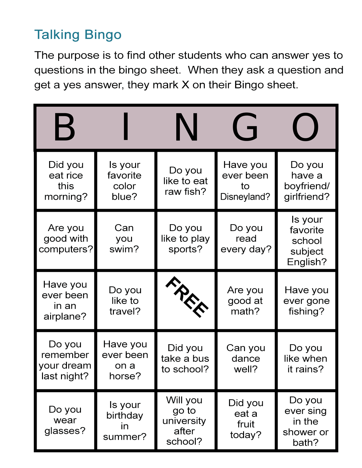 Free Printable English Bingo Cards