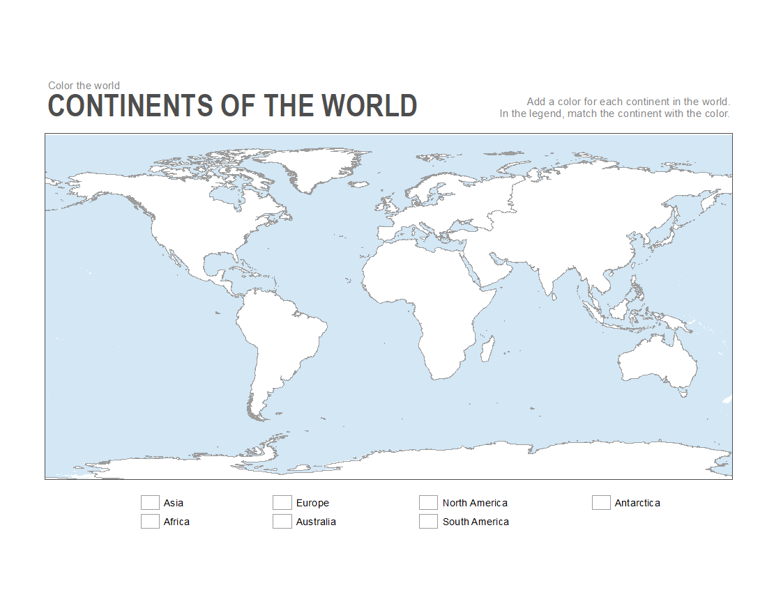 Color World Map Continents Outline