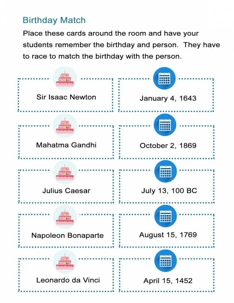 Birthday Match Game Worksheet - ALL ESL