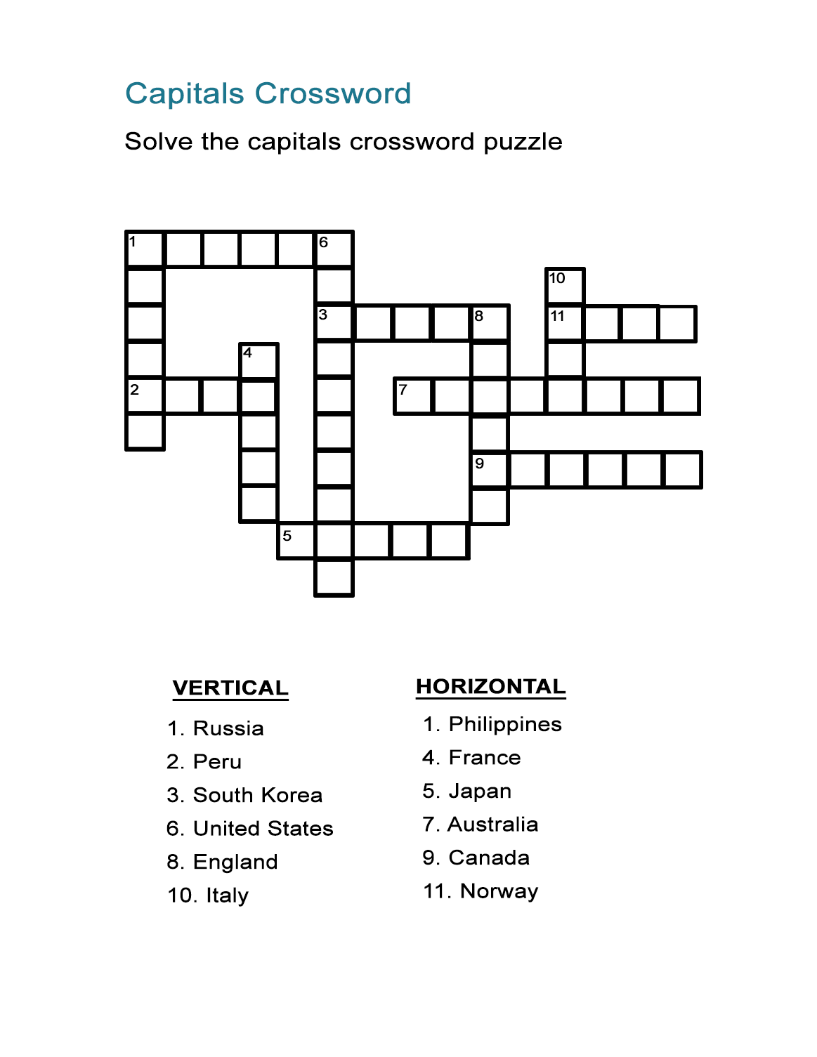 Capital Cities Quiz and Crossword Puzzle ALL ESL
