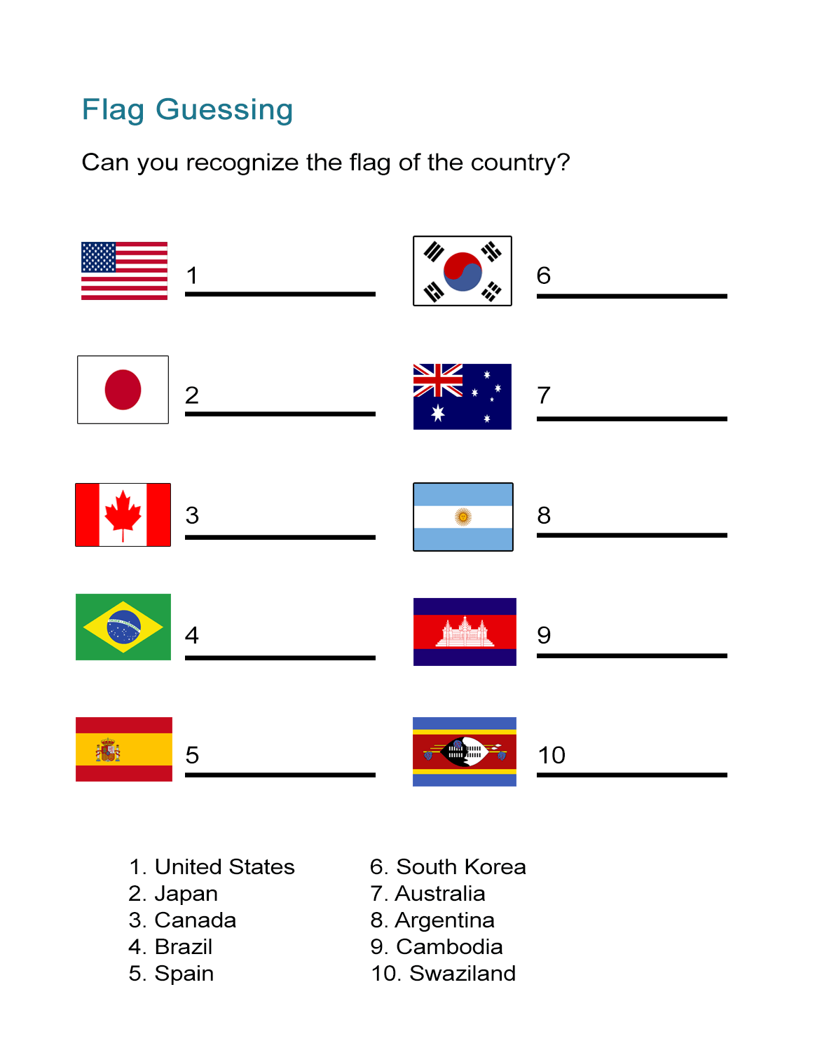 flag worksheet can you identify the country flag all esl