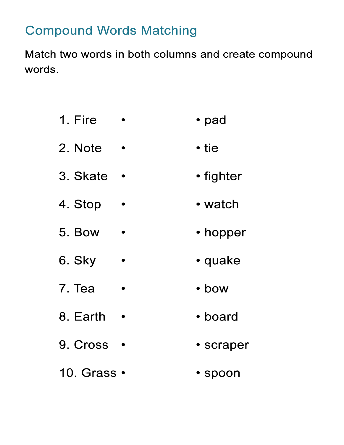 Compound Words for Kids: The Matching Game Worksheet - ALL ESL