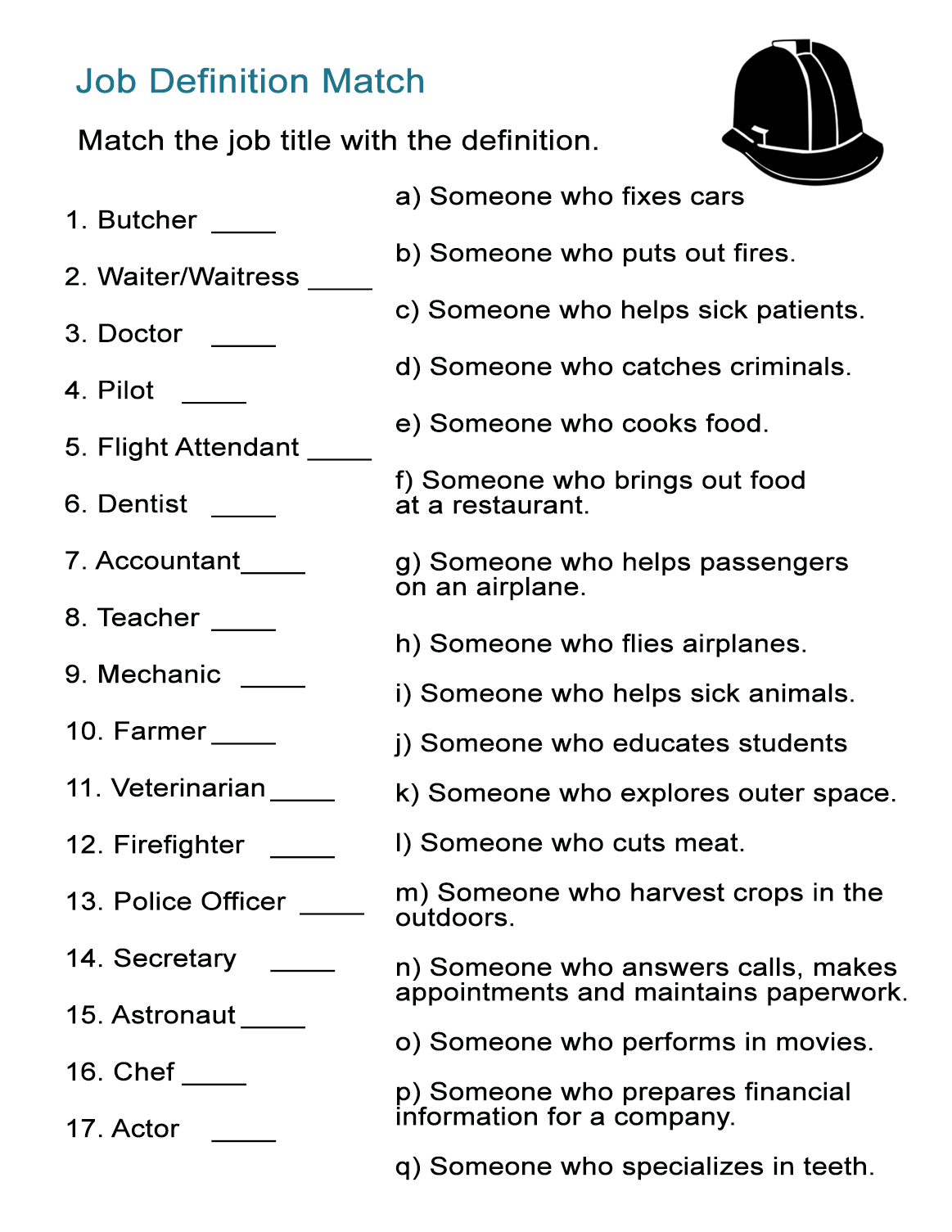 job title definitions worksheet match the occupation with the definition all esl