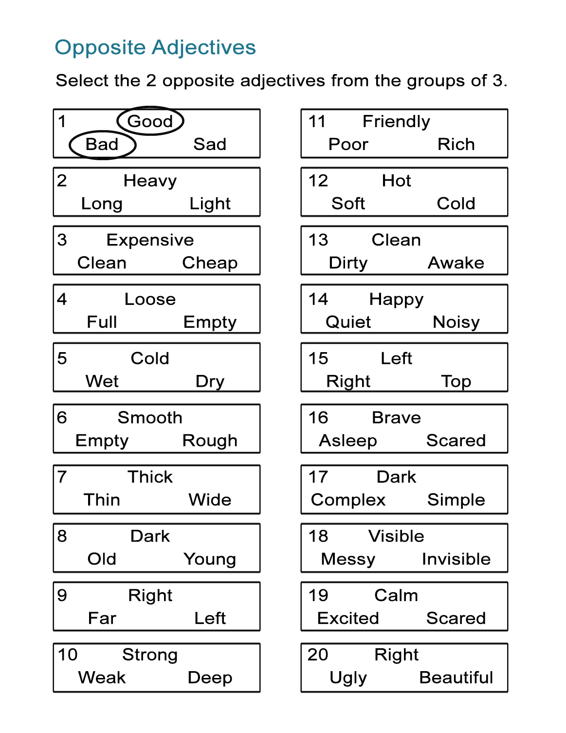 Opposites For Kids Find The 2 Opposite Words In Each Group All Esl