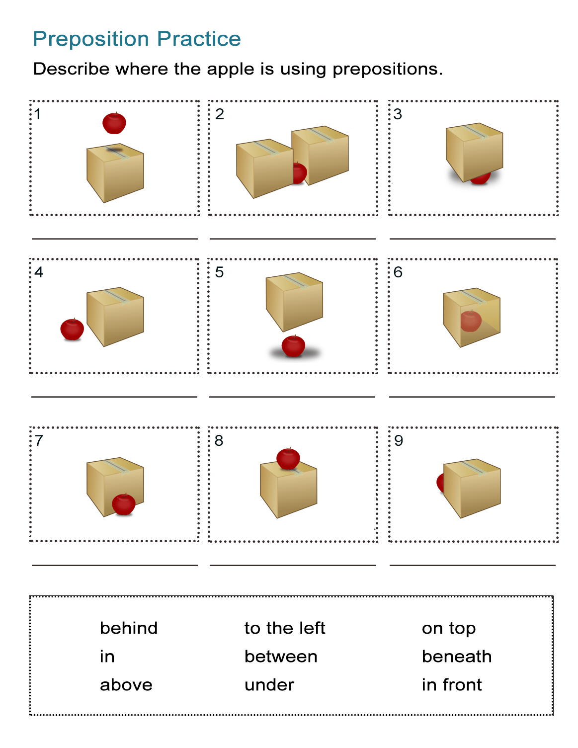 Prepositions of place worksheets for kids