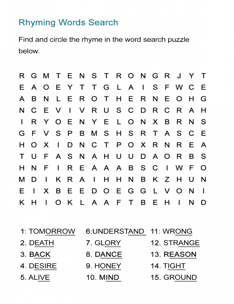 Rhyming Words Crossword Puzzle Elementary