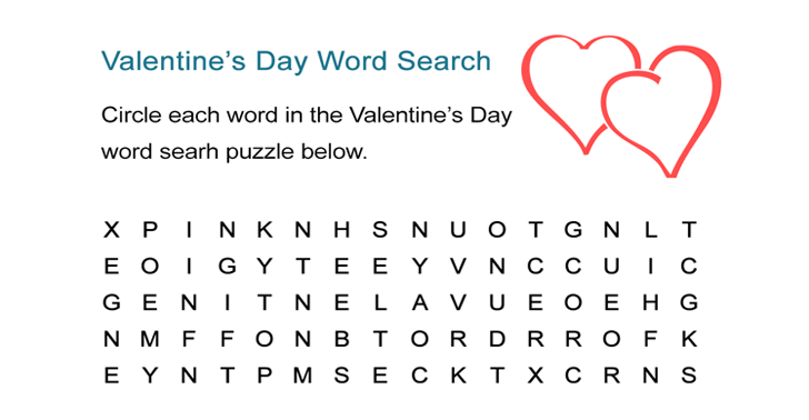 Valentine’s Day Word Search Puzzle: Free Worksheet for February 14