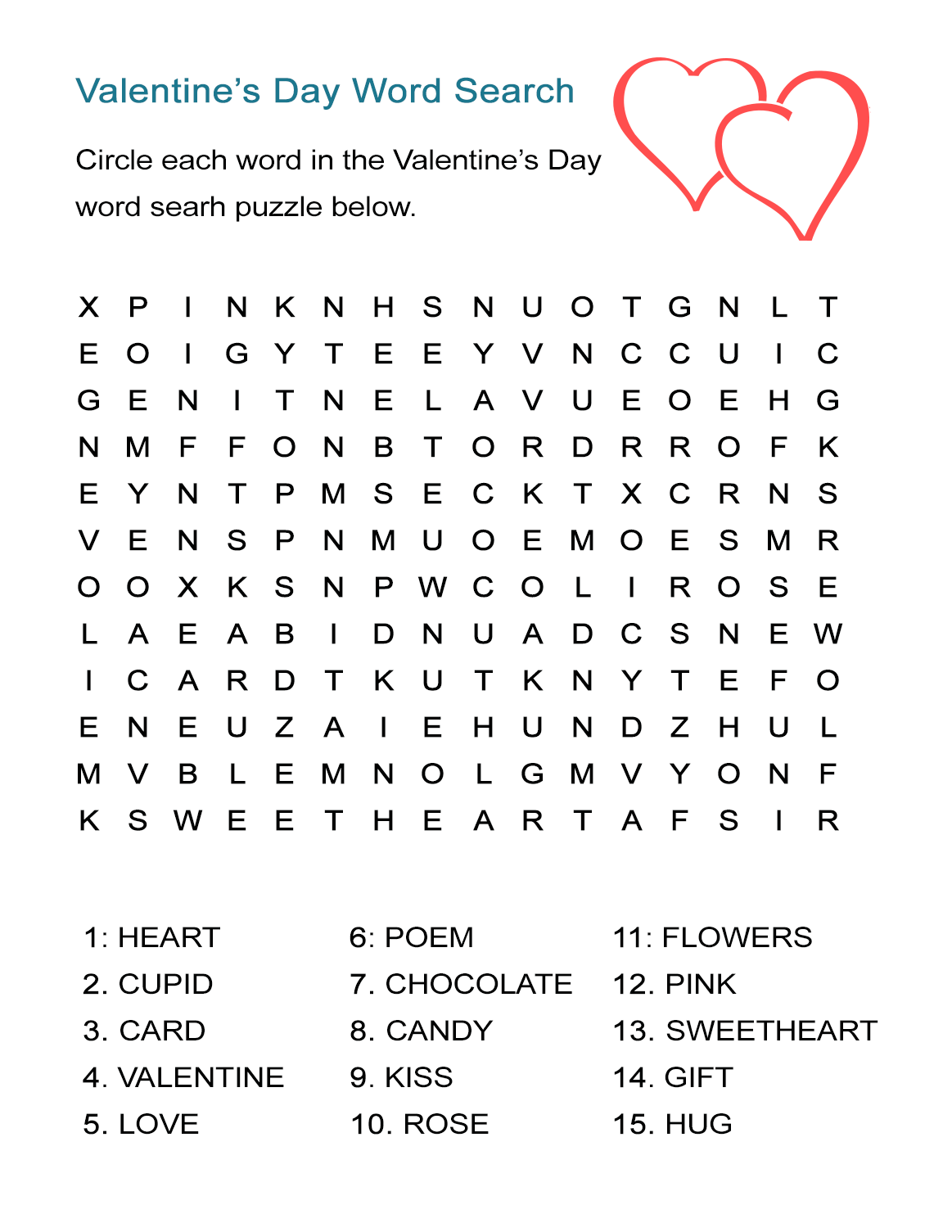Valentine's Day Word Search Puzzle Free Worksheet for February 14