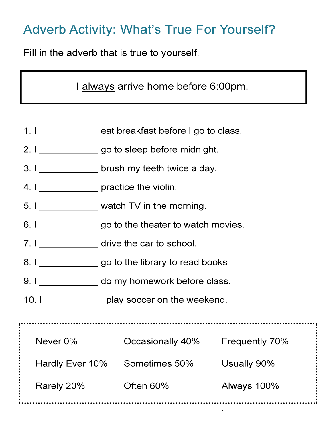 Adverb Activity What S True For Yourself All Esl