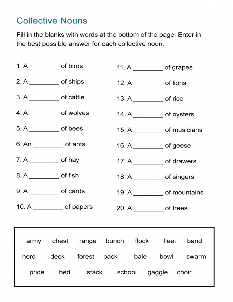 Abstract Concrete Collective Nouns Worksheet