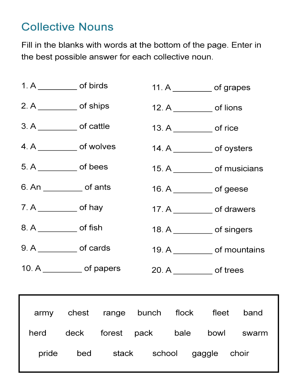 Collective Nouns Worksheet Fill In The Blanks ALL ESL