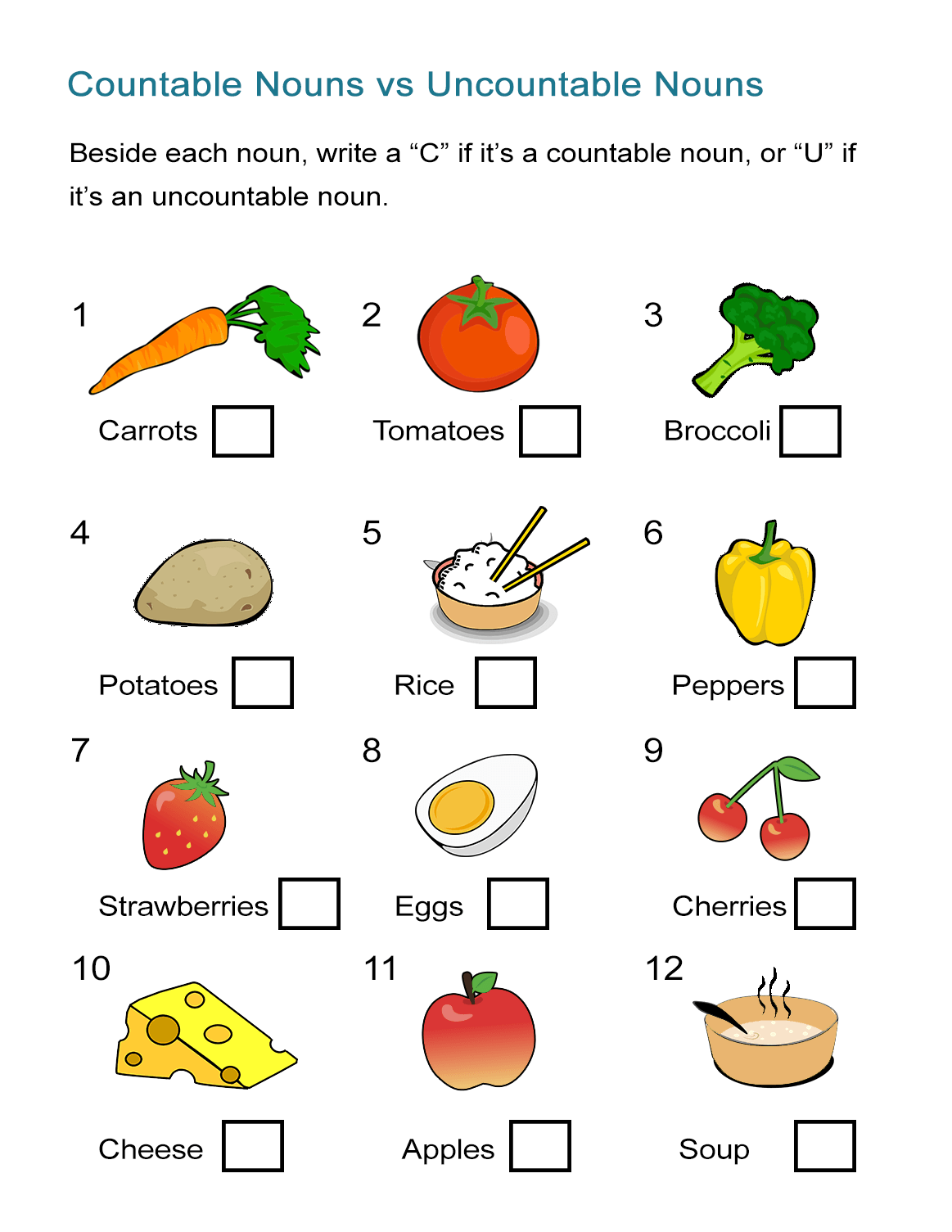 Countable And Uncountable Nouns Food Worksheet