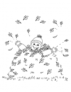 Boy in Leaves Autumn Coloring Page