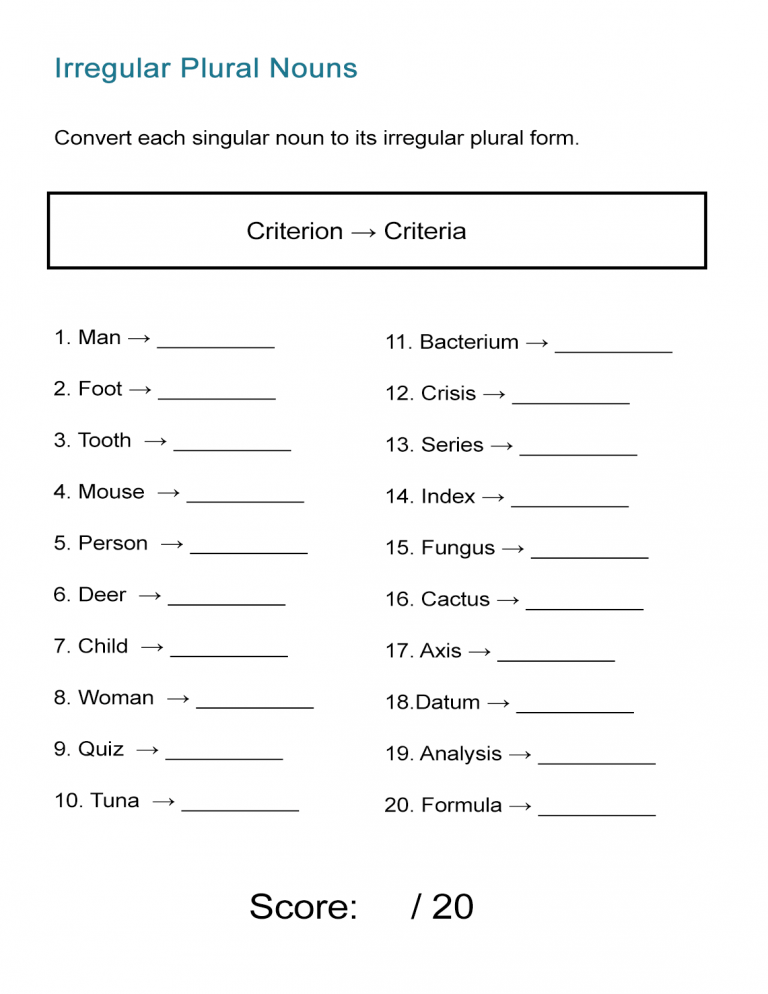 Irregular Plural Nouns Worksheet 4th Grade Pdf