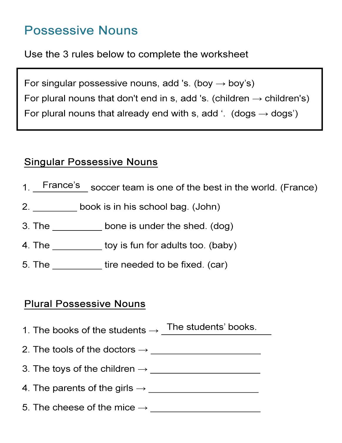 Possessive Nouns Worksheet: Singular and Plural Nouns - ALL ESL