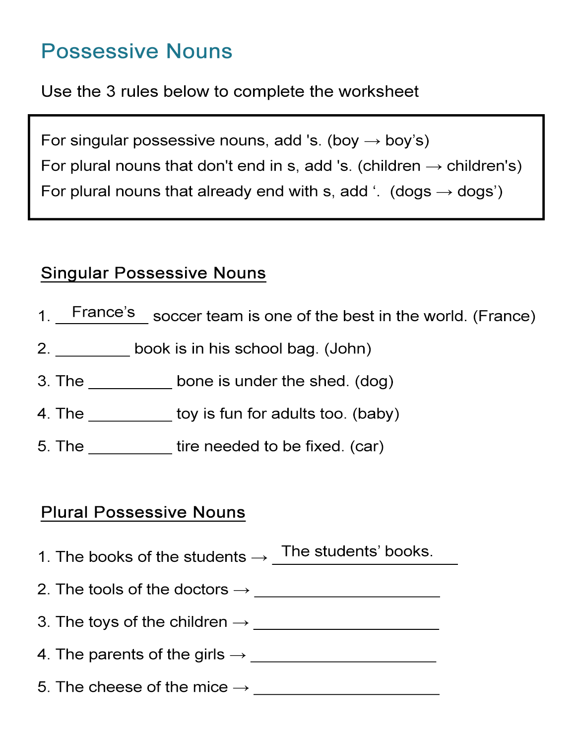 possessive nouns worksheet singular and plural nouns all esl